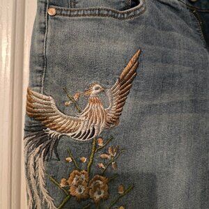Blue Jeans with Embroided Bird and Flowers.